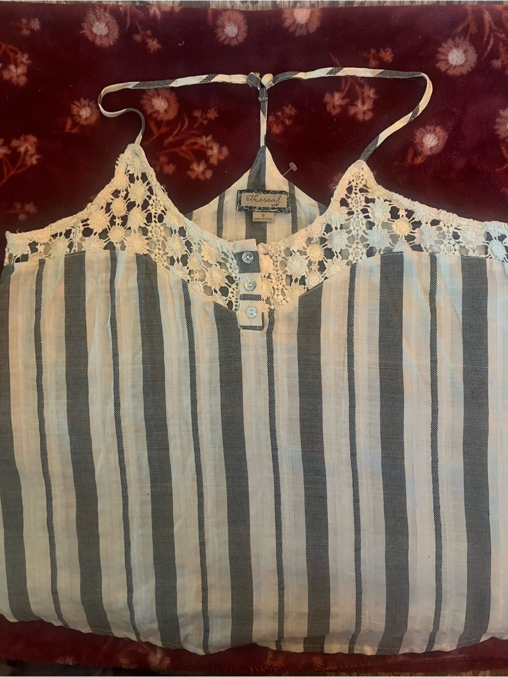 Striped Lace-Trim Tank Top in White and Gray by Athenas